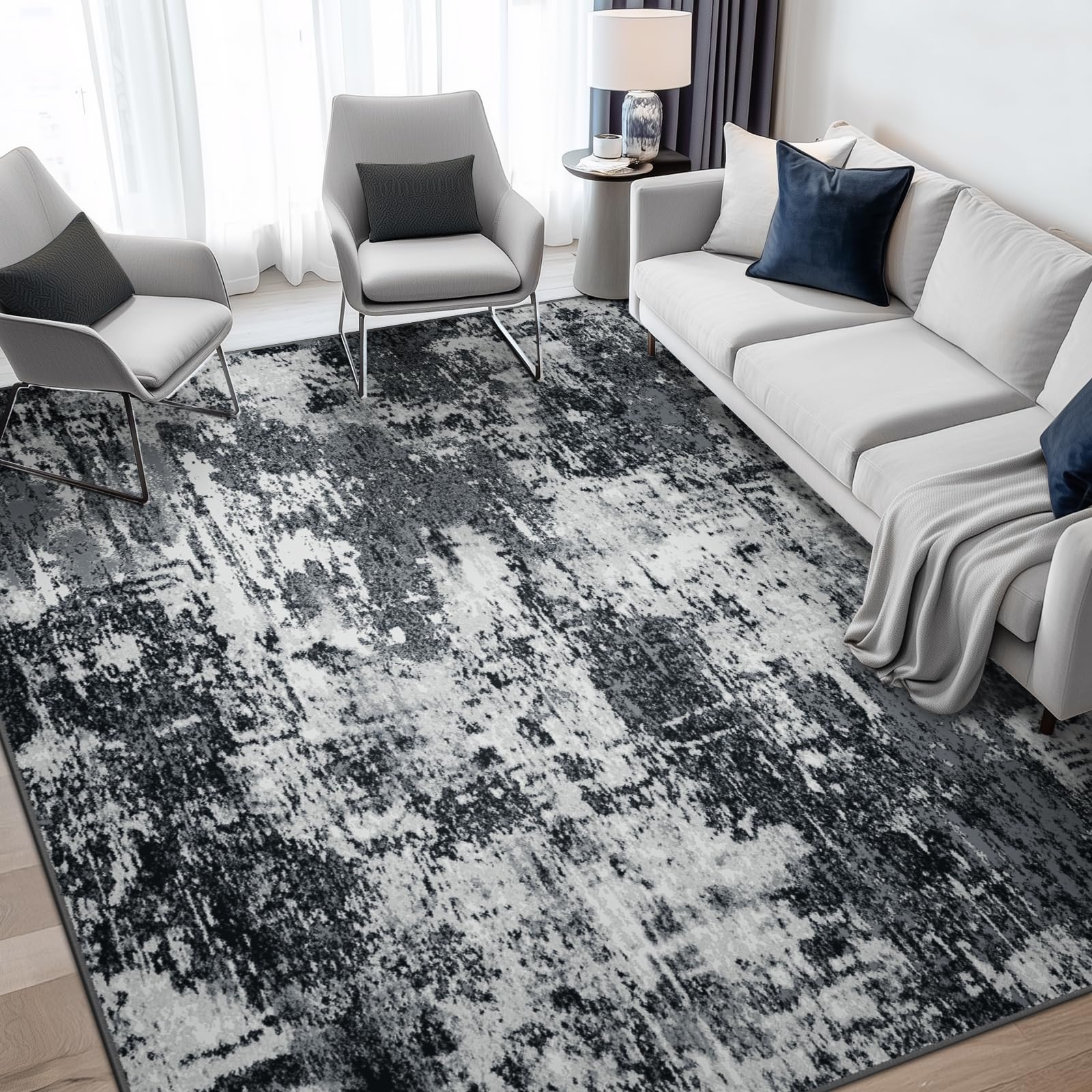 RELEANY Washable Area Rugs 5'x7' Non-Slip Modern Abstract Soft for Living Room Entryway Bedroom Nursery, Print Pattern, Black Navy Blue Gray Image