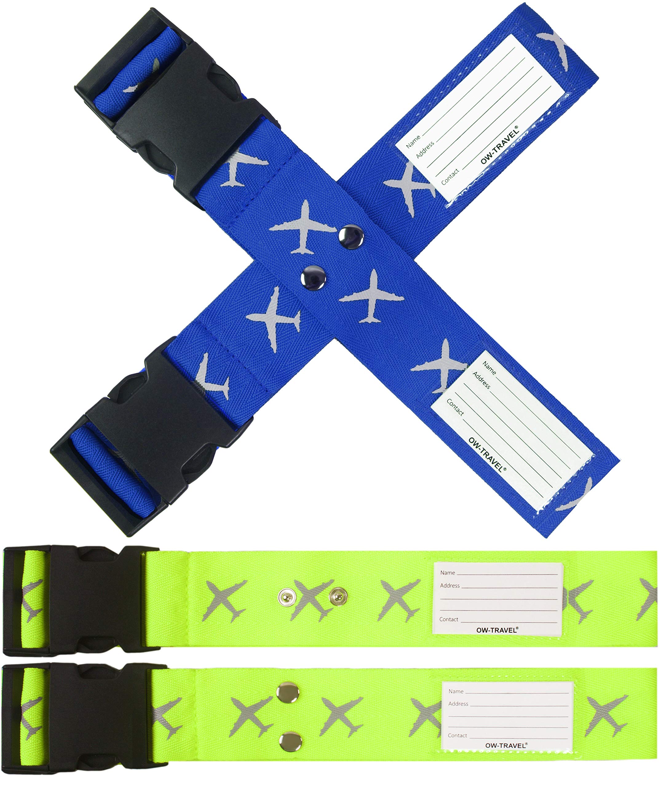 OW-Travel Cross Luggage Straps for Suitcases (2 Pack Blue/Yellow) Easy to Spot Personalised Suitcase Straps with Address labels. Case Strap Suitcase Strap Luggage Belt for Bags Baggage Name Card Slot