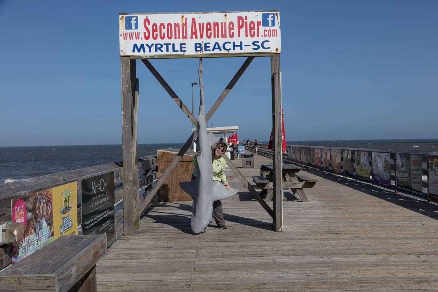 24 x 36 Giclee Print of&nbsp;What a Catch at The Second Avenue Pier in Myrtle Beach, South Carolina. But There's a Catch to The Catch. The Shark is Fake, a Prop for vistor Photos, at $2 a pop. Photogr 28s