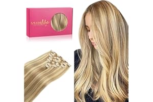 WENNALIFE Clip in Human Hair Extensions, 16 Inch 120g 7pcs Light Blonde Highlighted Golden Blonde Hair Extensions Clip In Human Hair Remy Clip in Hair Extensions Real Human Hair Double Weft