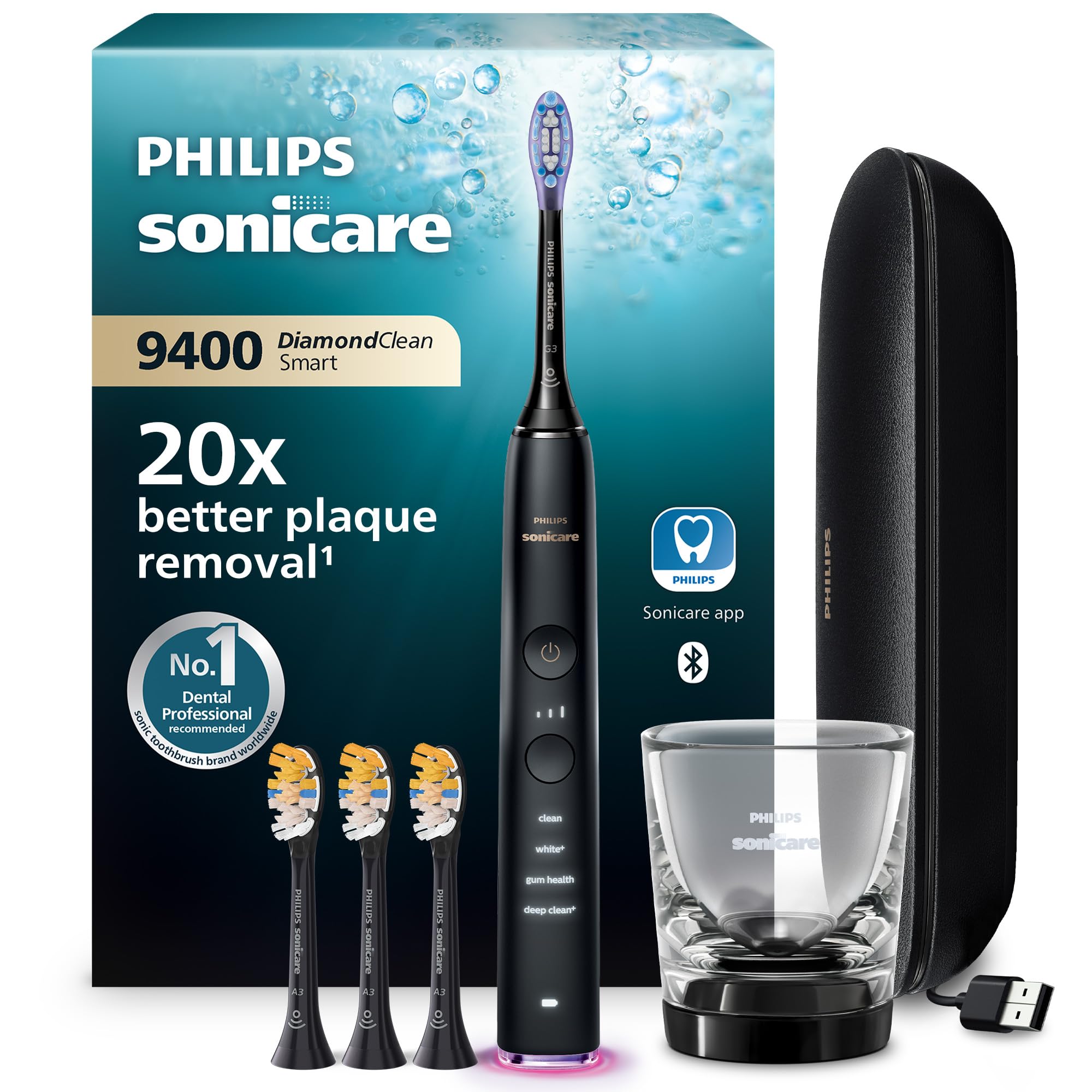 Philips Sonicare DiamondClean Smart 9400 elektrische Zahnbürste, Schallzahnbürste mit App, Drucksensor, Bürstenkopferkennung, 4 Putzmodi und 3 Intensitätsstufen, Schwarz, Modell HX9918/89