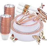 WELLIFE 350 PCS Rose Gold Disposable Dinnerware Set for 50 Guests, Disposable Rose Gold Lace Plates, Include:50 Dinner Plate, 50 Dessert Plates, 50 Pre Rolled Napkins with Silverware and 50 Cups