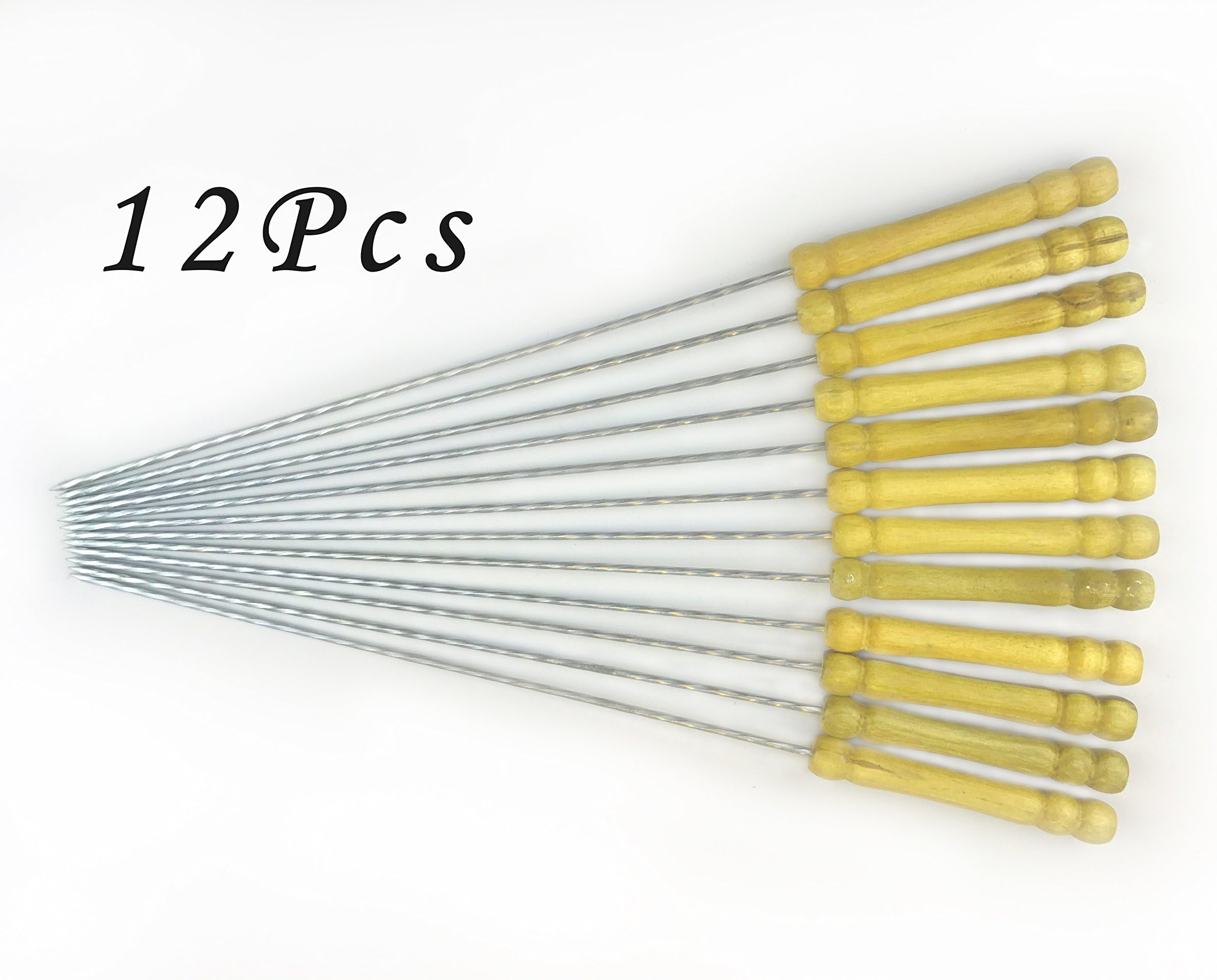 BBQ Kebab Skewers - Wooden Handle Stainless Steel Metal Skewers - 30 cm Twisted Metal Kabab Sticks for Barbecue & Cooking - Set of 12