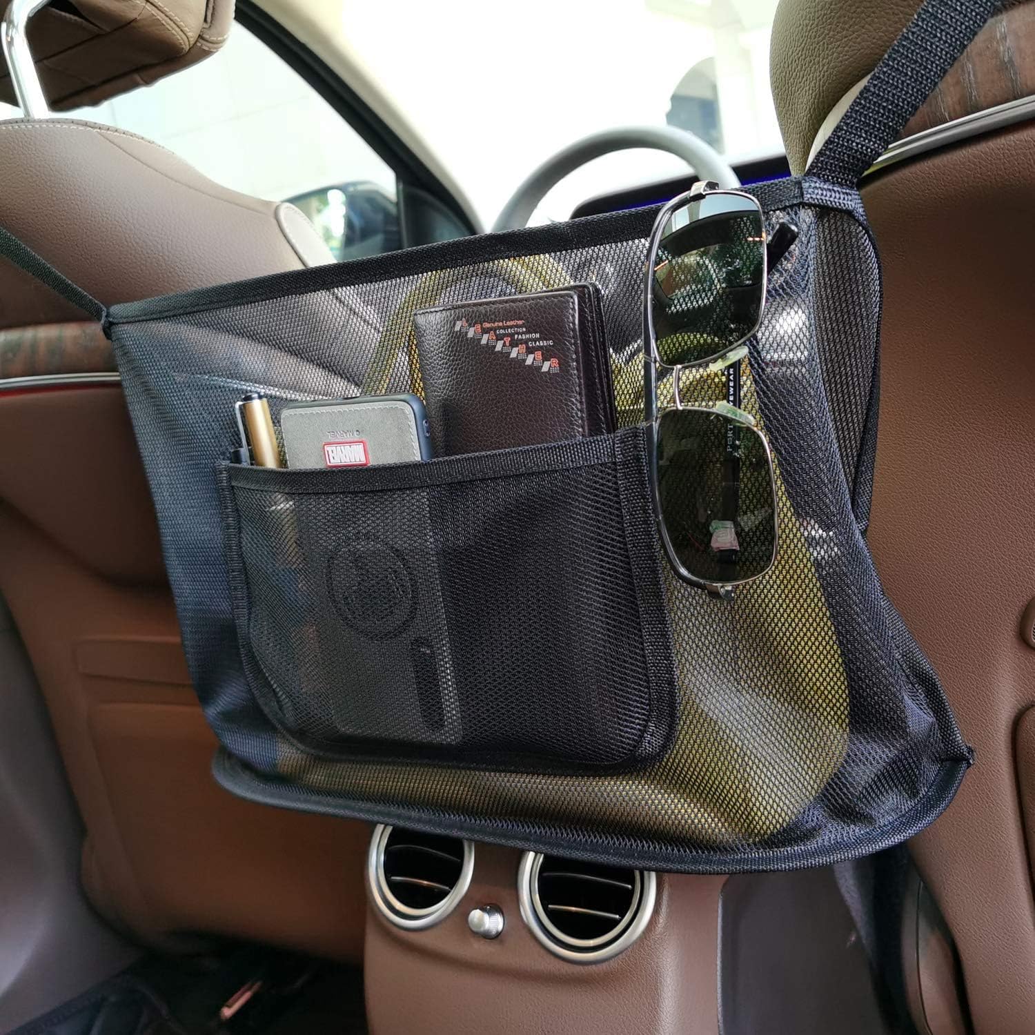 tunfo Car Net Pocket Handbag Holder, Driver Storage Netting Pouch, Car Hooks for Purses and Bags Front Seat, Handbag Holder for Car, Handbag Holder Attaches to Headrest (Upgrade Black)