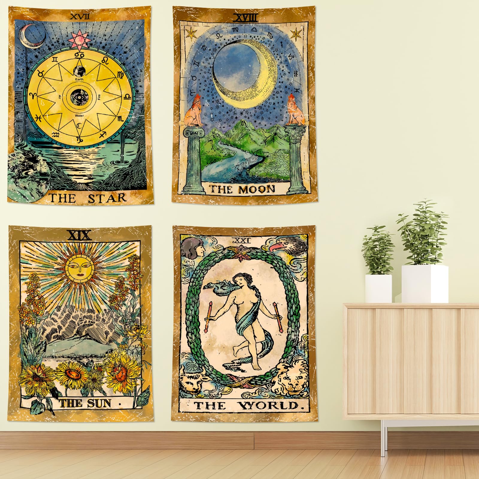 Photo 1 of ZeeDix 4 Pack Tarot Card Tapestry Wall Hanging Cute Boho Hippie Art Spiritual Tapestries with the Sun and Moon Star World Astrology Big Tapestry for Bedroom Living Room Wall Decor Aesthetic (Golden 19.7"x 24.5")
