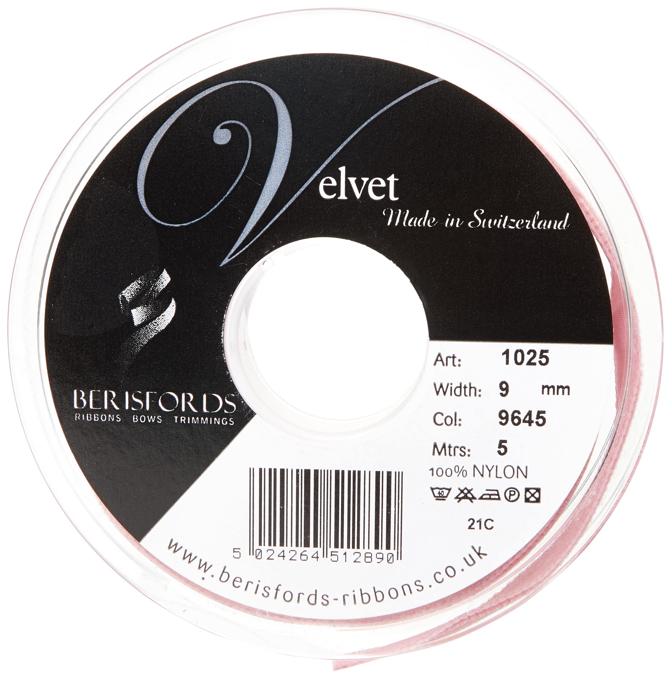 Berisfords Velvet Ribbon, Alt Rosa, 10.2 x 0.9 x 10.2 cm