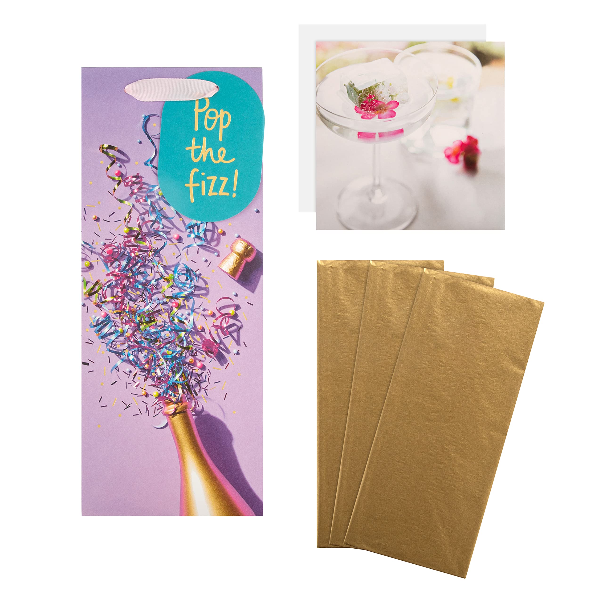 Hallmark Multi Occasion Gift Wrap and Card Bundle - 1 Bottle Bag, 3 Gold Tissue Paper Sheets and 1 Blank Card in Contemporary Designs