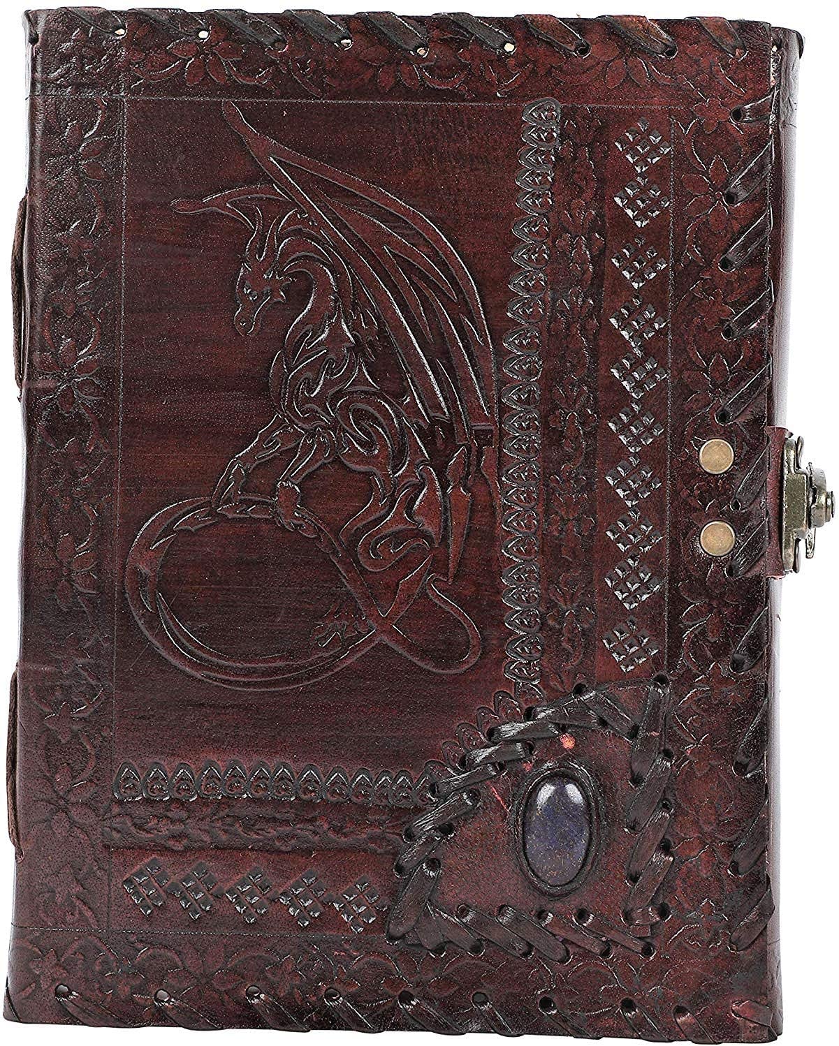 OVERDOSE Dragon with Stone Embossed Journal Notebook | Handmade Antique Stone Journal Travel Gift Men Women Diary Leather Sketchbook Drawing Size 5 x 7 inches 12x17 cm — image 1