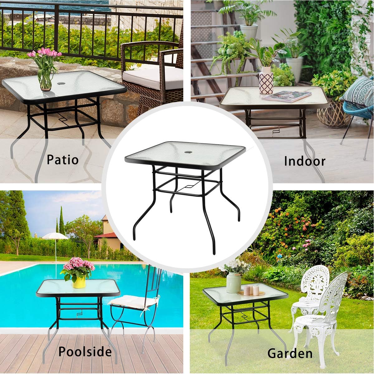 Tangkula Patio Table Outdoor Garden Balcony Poolside Lawn Glass Top Steel Frame All Weather Dining Bistro Table (Square Black 32"): Kitchen & Dining