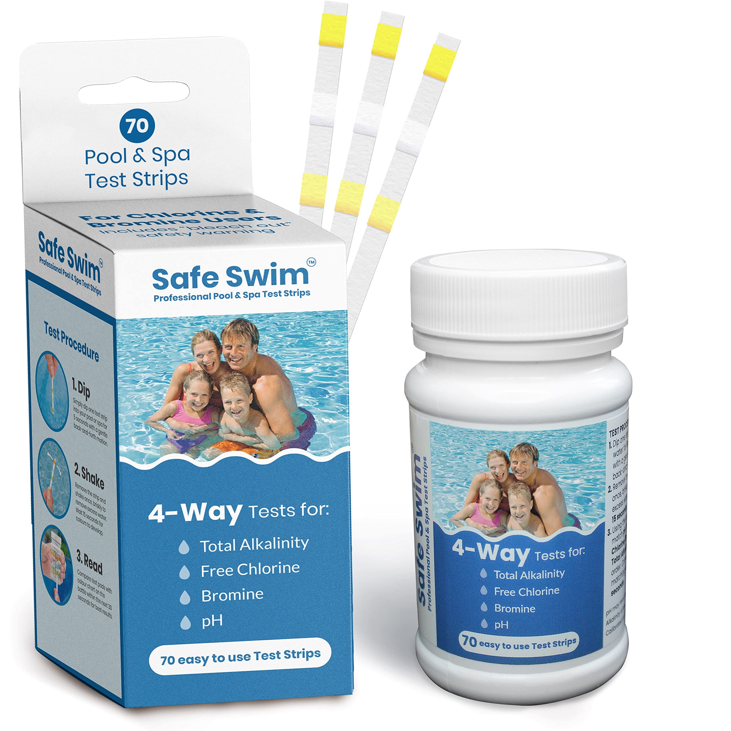Safe Swim 4-Way - Hot Tub, Swimming Pool and Spa Test Strips - Bottle of 70 - Measures Chlorine, Bromine, PH and Total Alkalinity - Made in the USA.