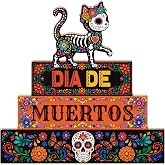Putuo Decor Day of the Dead Decorations, Cat Skull Figures Table Sign | Stacked blocks with sugar skull cat and floral patterns. Reads Dia de los Muertos for Day of the Dead decor.