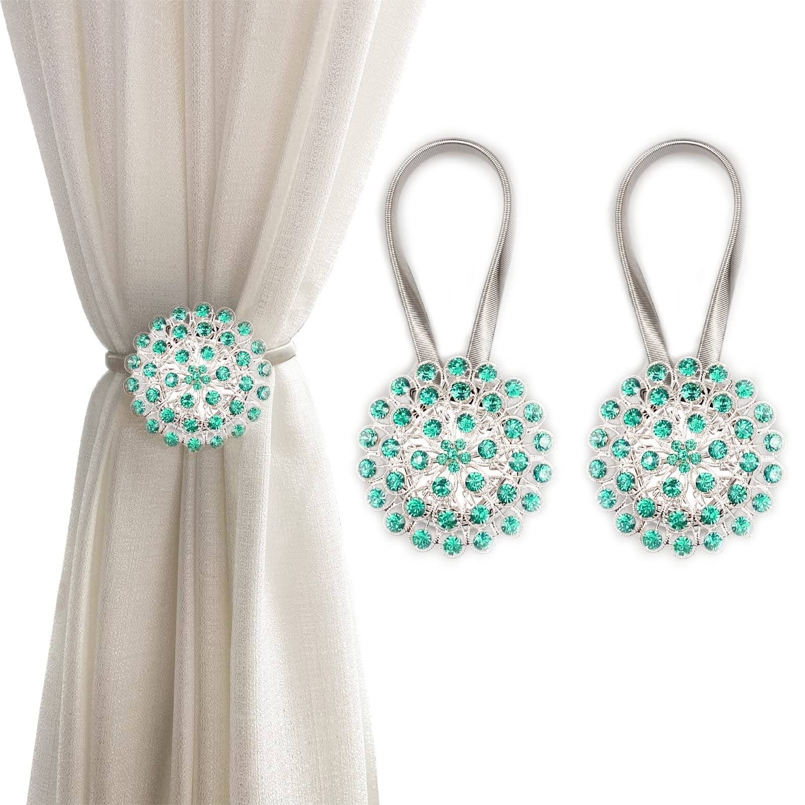 Magnetic Tiebacks for Curtains, 2 Pack Sparkling Crystal Flower Curtain Tiebacks Curtain Buckle Clips with High-Elastic Spring Wire for Home Office Decoration (Green)
