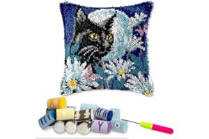 LAPATAIN Latch Hook Kits for DIY Throw Pillow Cover,Black Cat Needlework Cushion Cover Hand Craft Crochet for Great Family 17x17inch