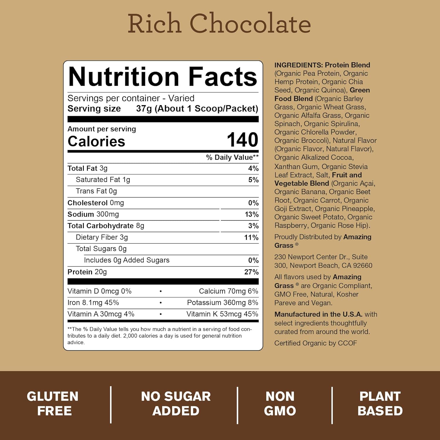 Amazing Grass Protein Superfood: Vegan Protein Powder, All-in-One Nutrition Shake, Rich Chocolate, 18 Servings : Grocery & Gourmet Food