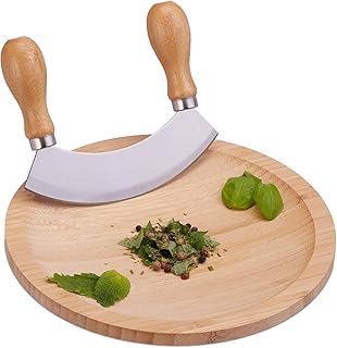 Relaxdays Wiegemesser mit Brett, einschneidige Klinge für Kräuter, mit Mulde, Edelstahl & Bambus, HxD: 2 x 20 cm, natur