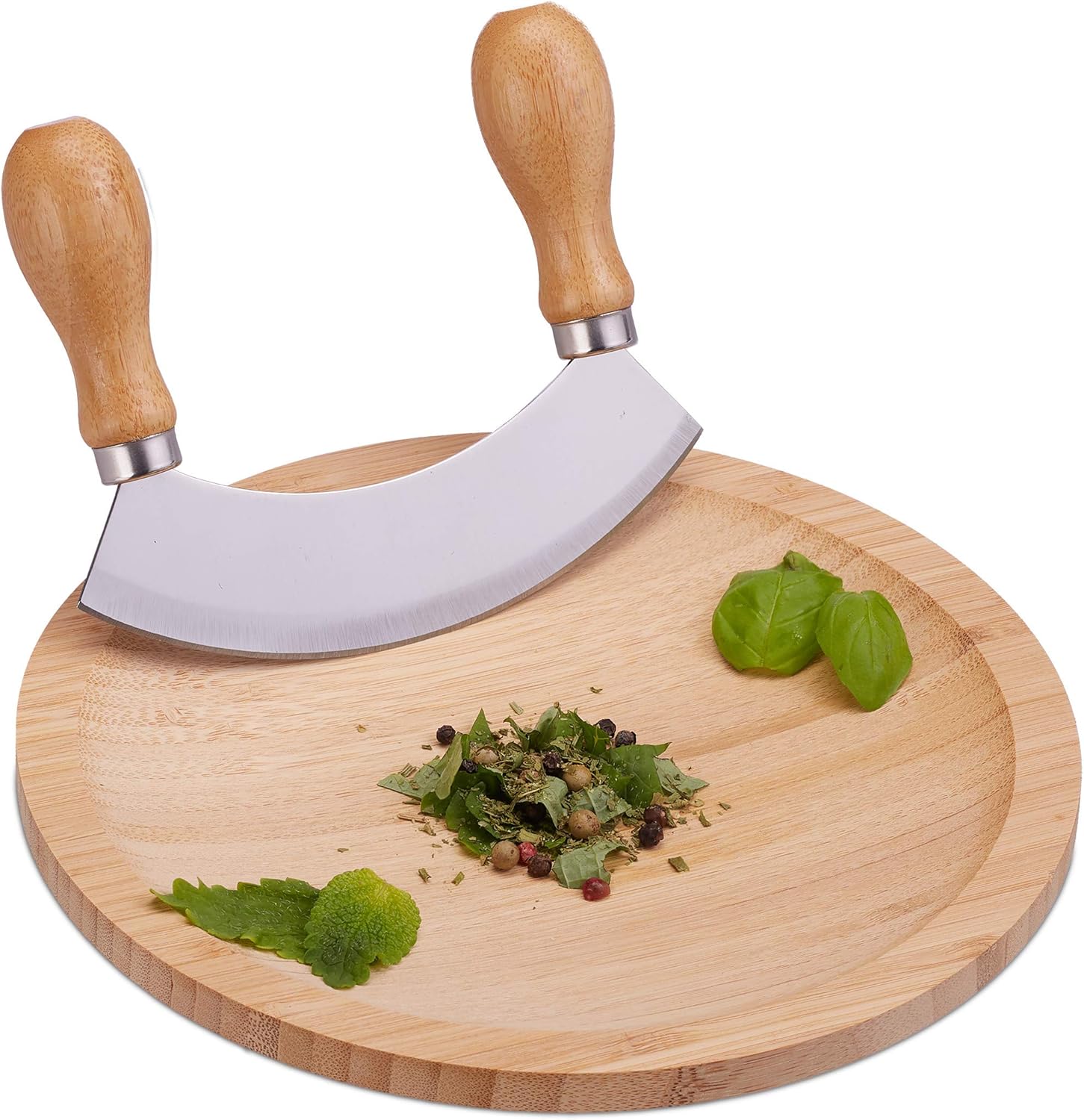 Relaxdays Wiegemesser mit Brett, einschneidige Klinge für Kräuter, mit Mulde, Edelstahl & Bambus, HxD: 2 x 20 cm, natur