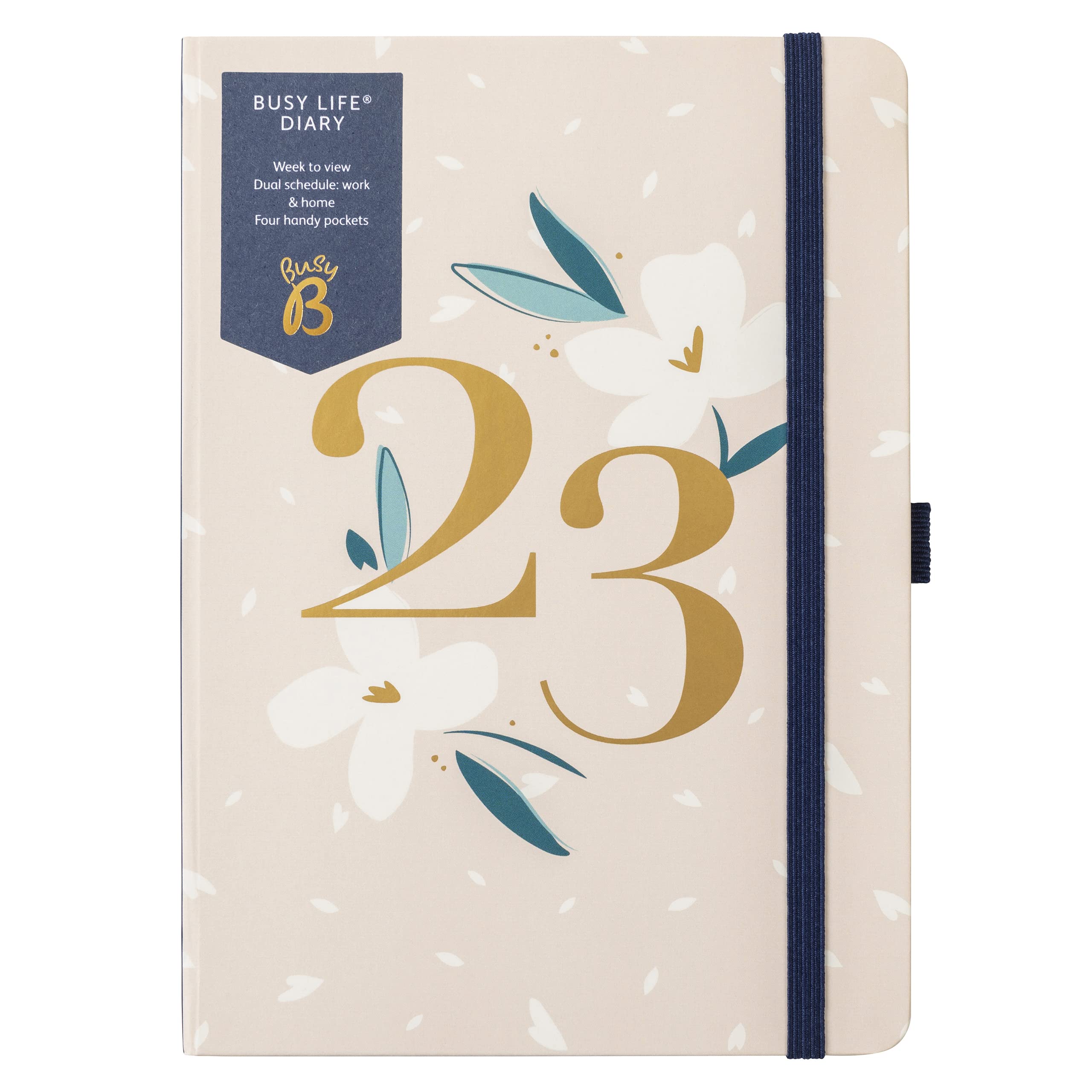 Busy B Busy Life Diary January to December 2023 - A5 Pink Floral - Week to View Planner with Dual Schedules, Pen holder and Pockets