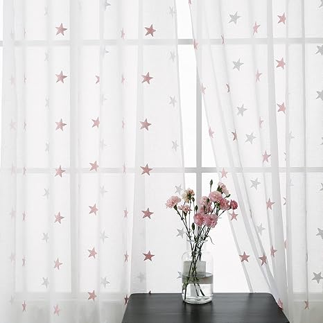 Deconovo Linen Look Embroidered Voile Curtains Star Pattern Sheer