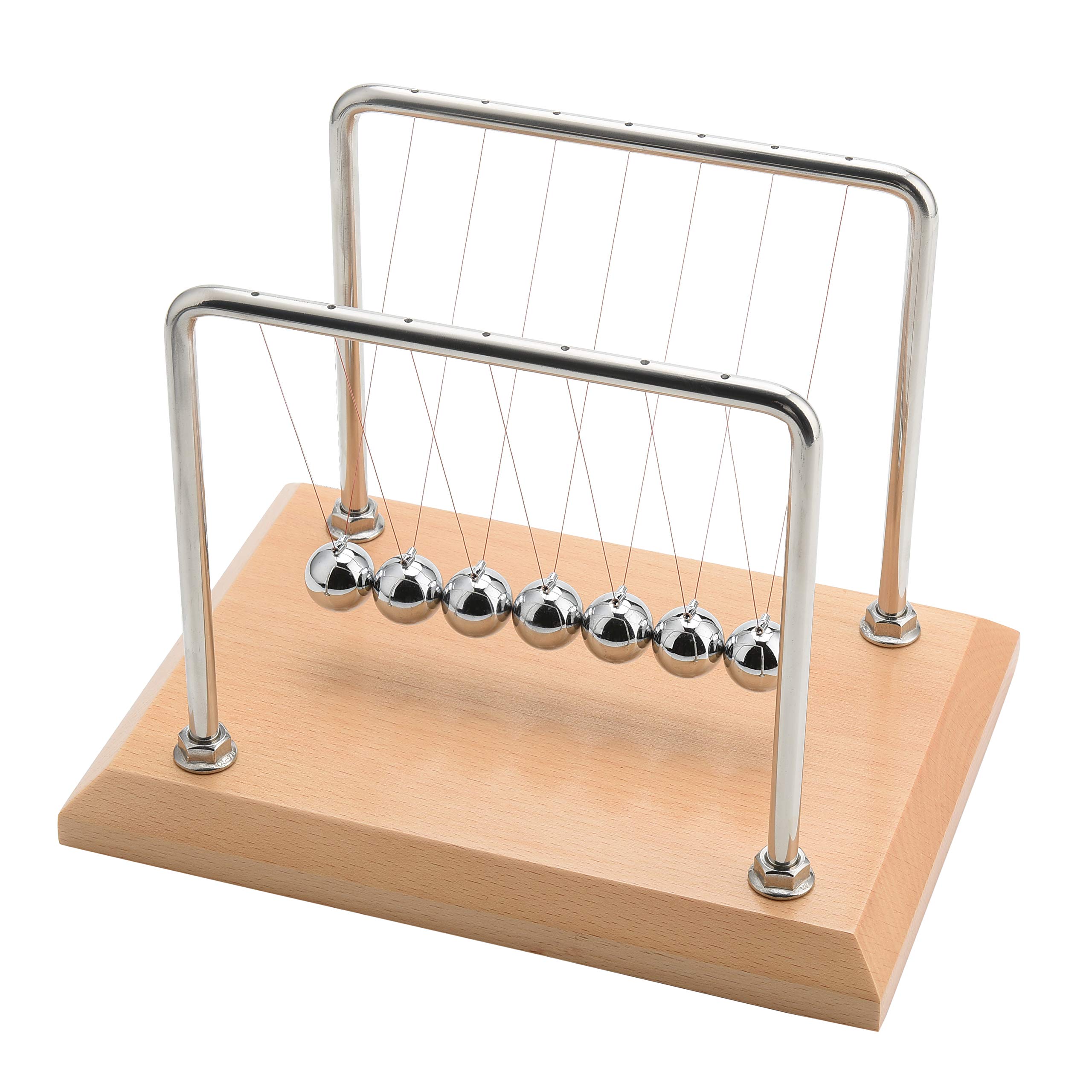 CERROPI Newton Cradle Balance Balls, Newton Pendulum with 7 Balls, 50 Sec Swingtime Classic Newton Swing Ball, Decorative Physics Gadget for Desk, Beech Base & Chromed Metal Stand, 11 inch