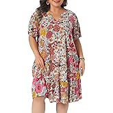 Agnes Orinda Plus Size Summer Dress for Women V Neck Short Sleeve Floral Midi Boho Beach Vacation Sundress