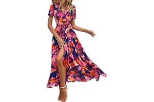 PRETTYGARDEN Women's Summer Wrap Maxi Dress Casual Boho Floral V Neck Short Sleeve Ruffle Hem Split Beach Long Dresses