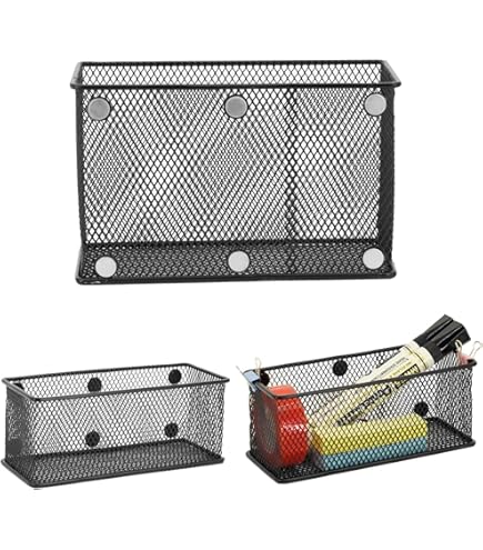 Magnetic Pen Holder Set - 4 Compartment Metal Mesh Organizer With Strong Magnets