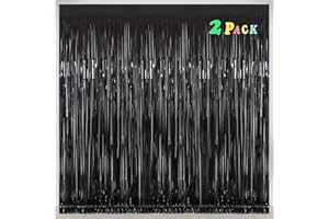 Black Tinsel Fringe Backdrop Curtains for Parties, Melsan 3.2 x 8 ft Streamer Photo Backdrop for Birthday, Graduations, New Year Eve Party Decor - Pack of 2