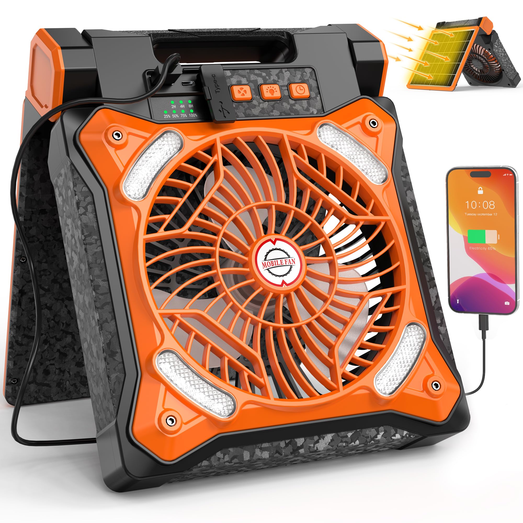 KITWLEMEN Upgraded Solar Camping Fan with Lantern - Rechargeable Battery Operated Fan, 36H Run Time Max, 4 Speeds, 8H Timer, 90° Adjustable Portable Desk Fan for Hurricane, Power Outage, Outdoor Use