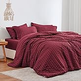 Love's cabin Seersucker Burgundy Queen Comforter Set, 7-Piece All Season Lightweight Bed in a Bag Bedding Set with Comforter, Flat Sheet, Fitted Sheet, Pillowcases and Shams | Soft, Breathable, Lightweight