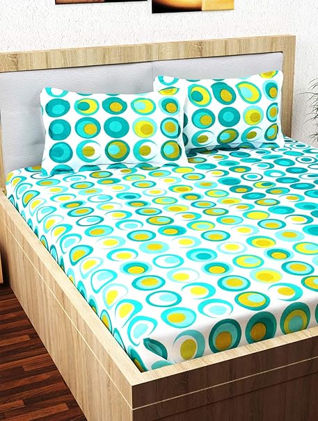 Story@Home Candy 120 TC Cotton Double Bed Sheet with 2 Pillow Covers - Geometic Circles, Queen Size, Cyan and White