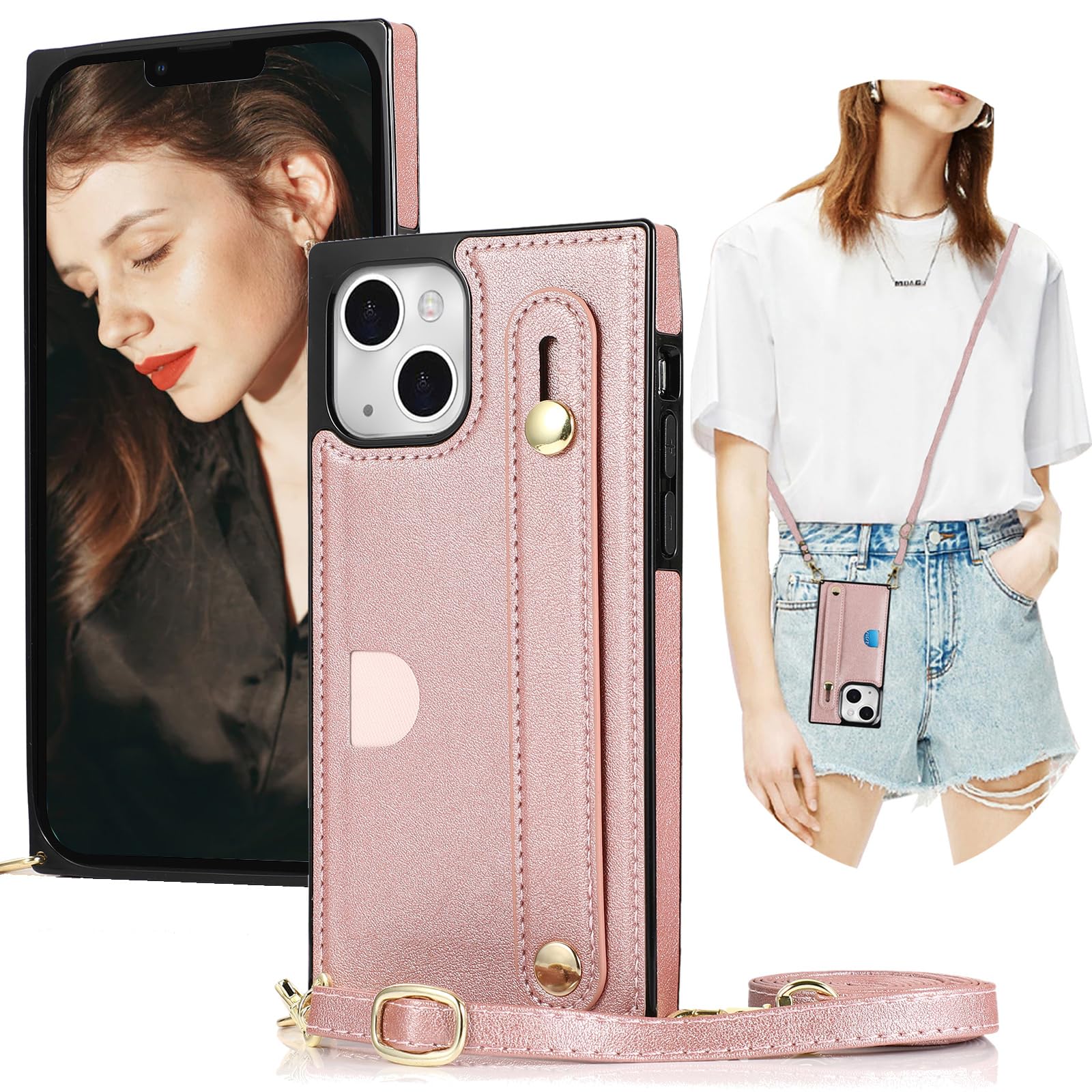 Ysnzaq Crossbody Case for Apple iPhone 15 Plus 6.7", Premium PU Leather Detachable with Card Holder Adjustable Neck Cord Lanyard Wallet Shockproof Case Cover for iPhone 15 Plus.ZY Rose Gold