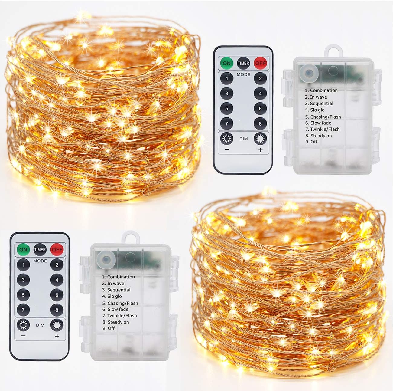 【2Pack】Fairy Lights Battery Operated,Hepside 12m 120LED Copper Wire Battery Powered Timer with