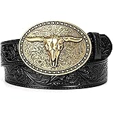 Western Leather Belt for Men Women Cowgirl Cowboy Western Longhorn Bull Buckle Belt for Jeans Christmas Gifts Belts