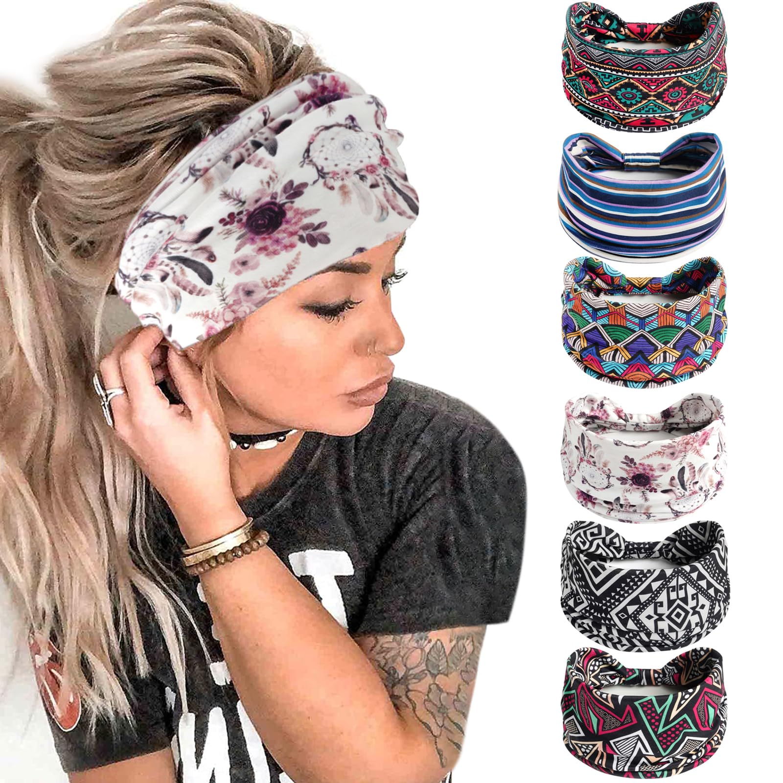 HUANMAYE 6Pcs Headbands for Women Wide Knotted Turban Bandana Boho Head Scarfs Wraps Yoga Hairbands Fabric Elastic Headband Sport Running Headscarves — image 1