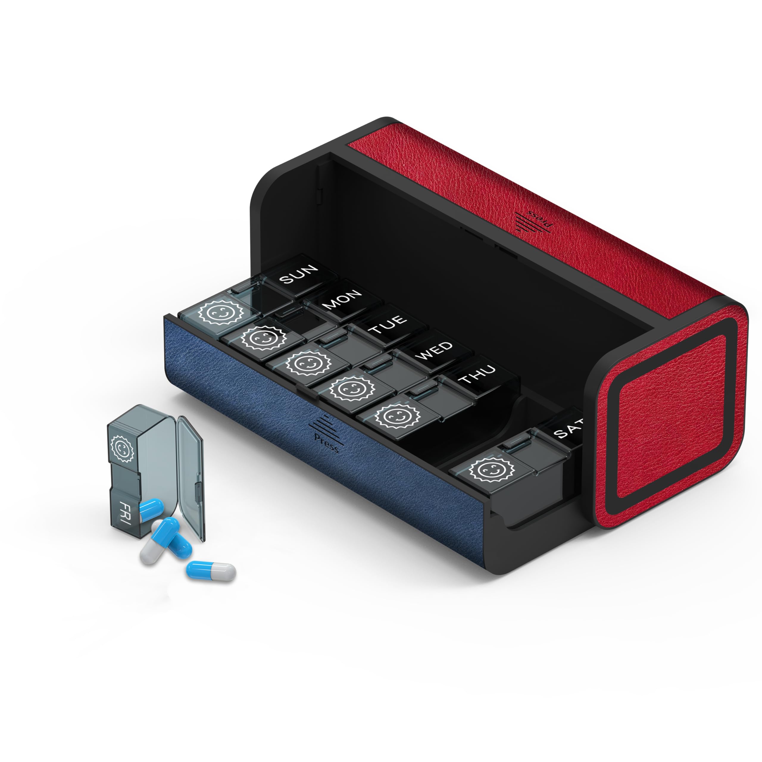 Kqimi 7 Day AM and PM Pill Organiser - Waterproof Leak-Proof Travel Pill Box, Large Capacity with Hidden Lock, Weekly Medication Case for Vitamins Supplements Travel Home Daily Use (Red and Blue)