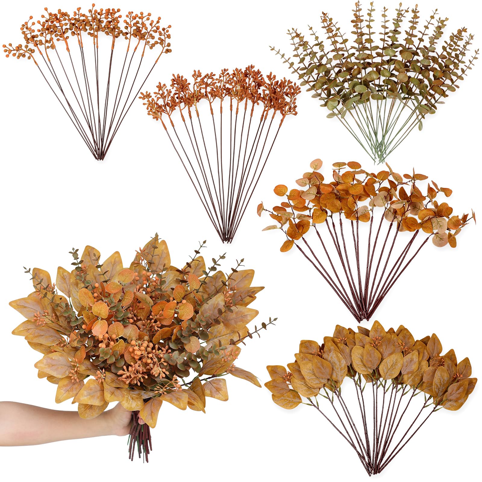 Photo 1 of 120 Pcs 5 Kinds Mixed Artificial Eucalyptus Leaves Stems and Fake Berry Bulk for Fall Decorations,Faux Plants Bundle for DIY Bouquets Floral Arrangement Wedding Engagement Party Autumn Decor (Orange)