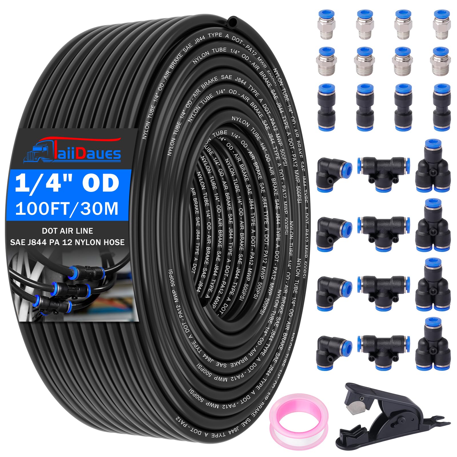 Photo 1 of 1/4" Air Line Tubing Kit,100 FT(30m)1/4 Inch DOT Air Line SAE j844 PA Nylon Air Hose Quick Connect Fittings with Cutter and Teflon Tape,1/4" Air Hose Kit for Pneumatic System Or Fluid Transfer(27 PCS)