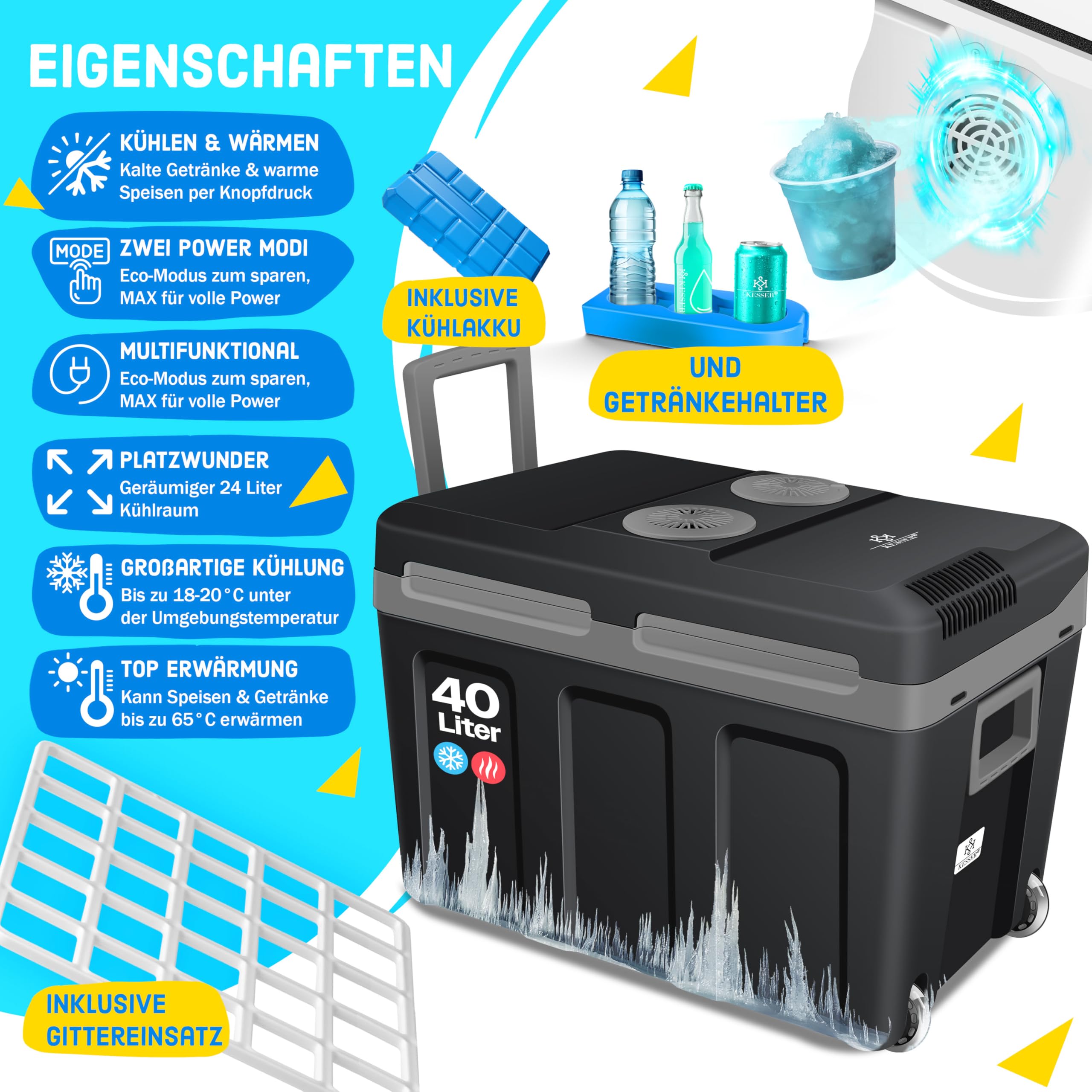 KESSER® Kühlbox 40L mit Rollen | Thermo-Elektrische Kühlbox | KÜHLT und WÄRMT | 12 & 230V | Thermobox für Auto, Boot & Camping | Mini-Kühlschrank mit ECO & MAX Modus | inkl. Kühlakku & Getränkehalter 2