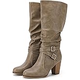 Ermonn Womens Mid Knee High Boots Chunky Heel Slouchy Metal Buckle Side Zipper Fashion Winter Shoes