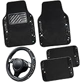 CAR PASS Bling Diamond Leather Steering Wheel Cover 14.5in-15in Floor Mats Shining Rhinestone Carpet Sparkly Glitter Crystal Anti-Slip Pad Fit Automotive SUV Pickup Truck Girl Women, 5pcs Black