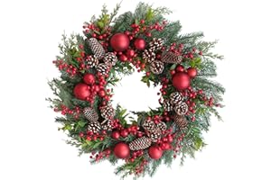 idyllic 24-Inch Christmas Wreaths for Front Door - Farmhouse Winter Wreath with Balls and Berries for Outdoor or Indoor Decor, Holiday Rustic Xmas Wreath for Porch, Home, Party