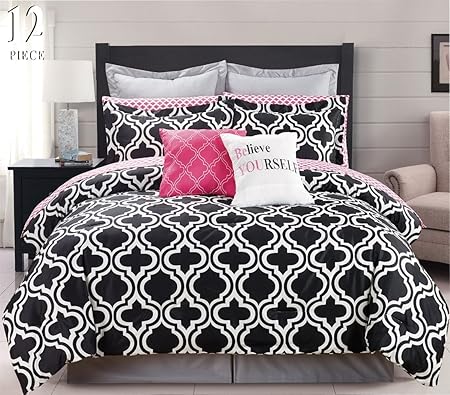 12 Piece Modern Bedding Black White And Pink Chic Queen Comforter