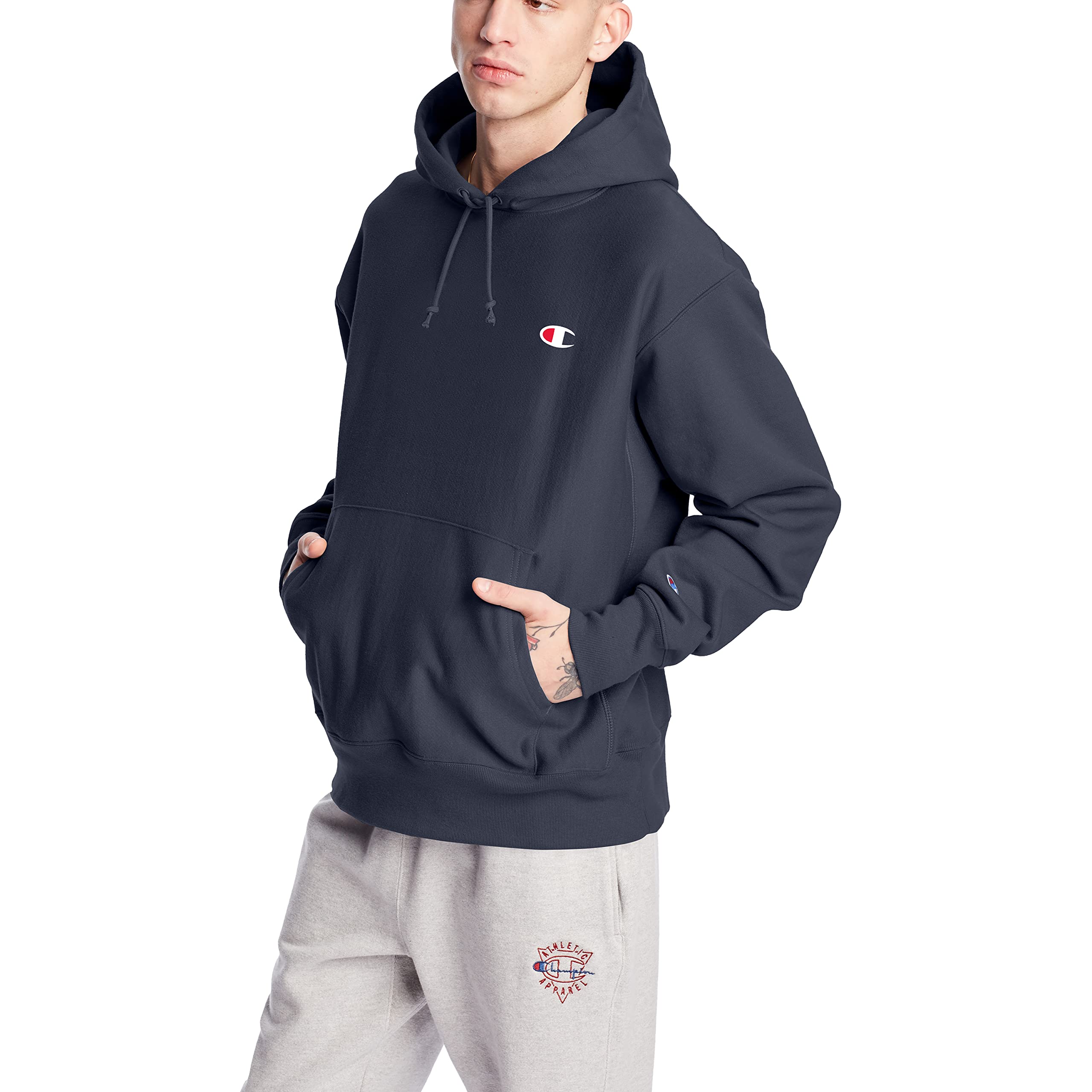 Champion Jersey de tejido inverso para hombre, sudadera con capucha C en el pecho izquierdo, azul marino-y06145, mediano EE. UU.
