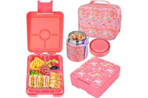 Bento Lunch Box Set for Kids with 10oz Soup Thermo, Leak-Proof Lunch Containers with 4 Compartment, Kids Thermo Hot Food Jar and Insulated Lunch Bag for Kid to School,BPA-Free(Mermaid)