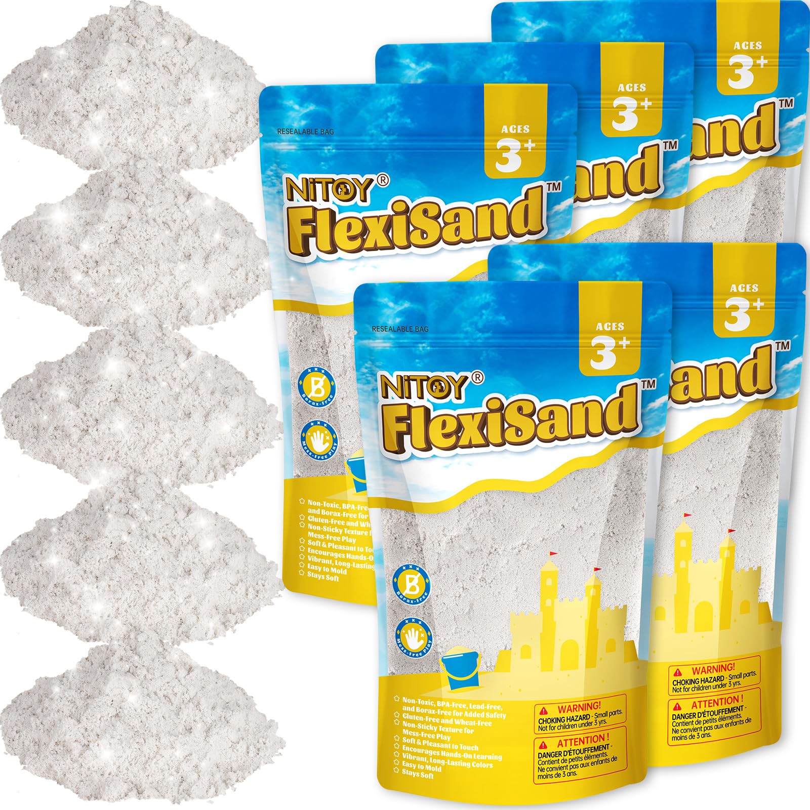 NiToy FlexiSand Value Pack 11lbs of Moldable Self-Sticking Sand, Never Dries Out-Fun for 3 Years and Up Kids Bulk Refill for Sensory Sand Box Toys, Ideal for Shaping, and Molding (White)