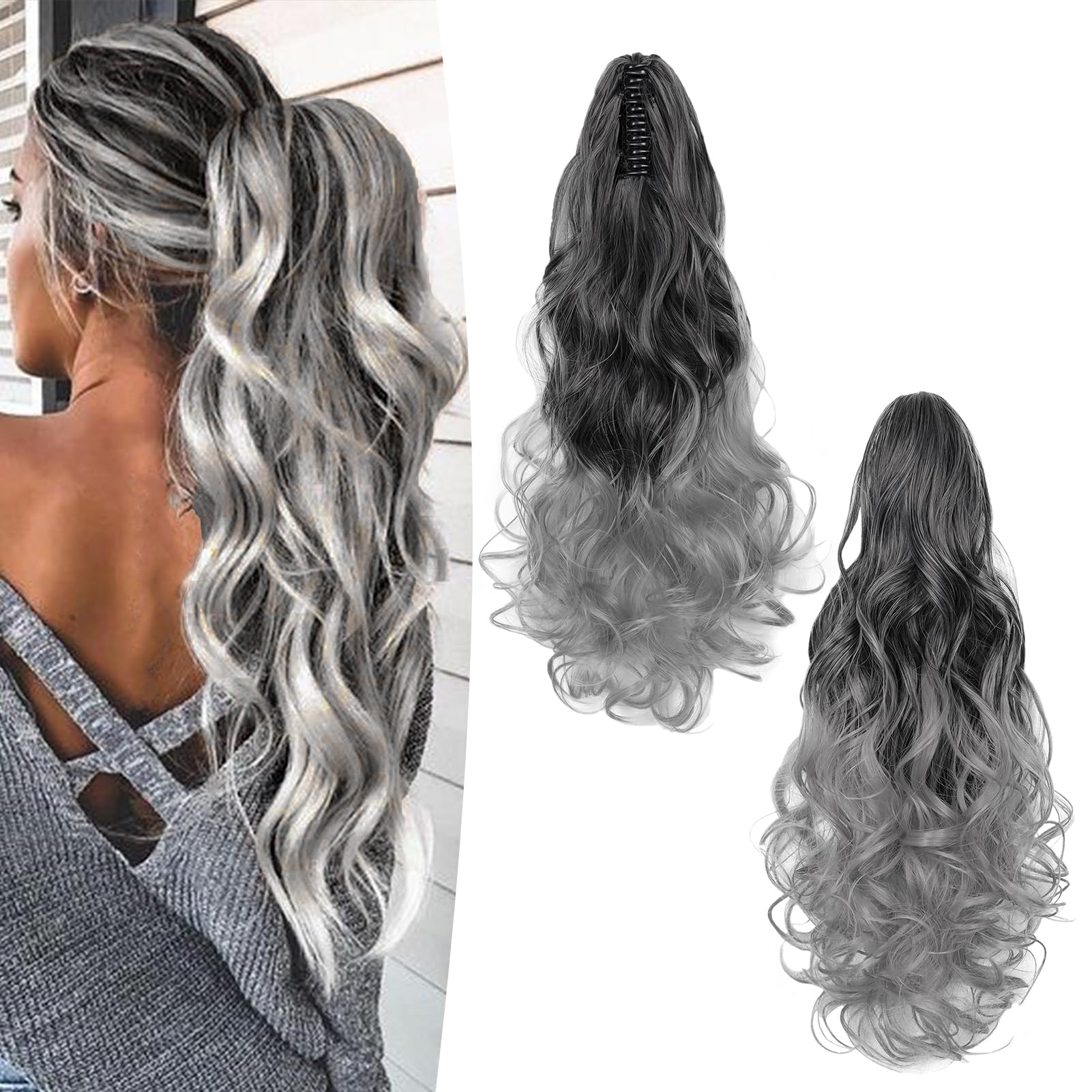 Gairyan 20inch Ponytail Extension Clip in Ponytail Hair Extensions Curly Wavy Pony Tails Claw on Ponytail Long Wave Synthetic Hairpieces for Women Soft Real Look (Black Ombre Grey)