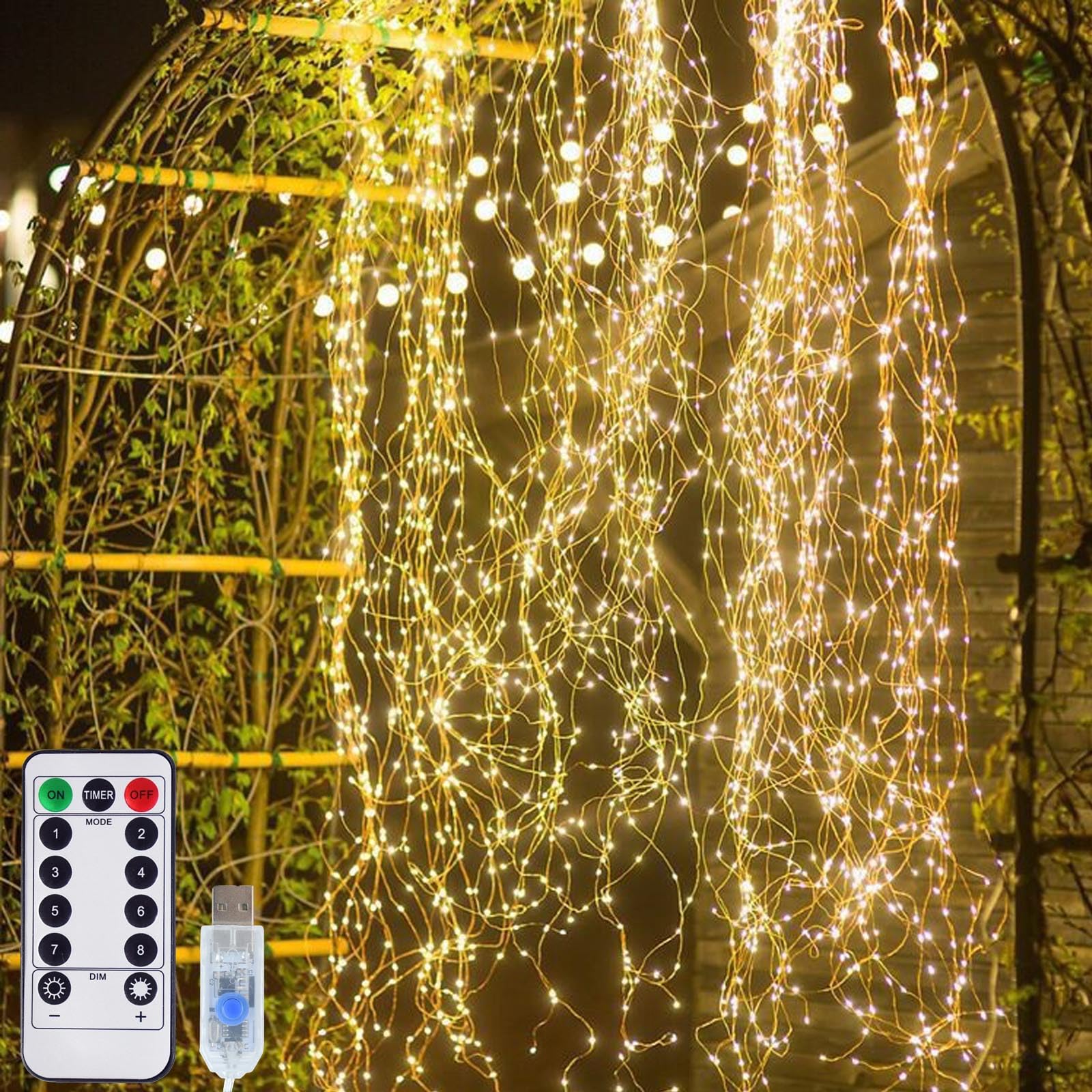 Melofo 10 Strands Fairy String Lights 3M/300 LED Waterfall Vine Tree String Lights Watering Can Lights USB Powered 8 Modes Silver Wire Lights with Remote Control for Wedding Christmas Home Decor(warm)