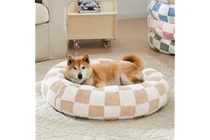 Ohocut Checkered Dog Bed, Cute Beige Khaki Retro Style Aesthetic Round Warming Pet Calming Beds for Small Dog and Cats, Plush Cozy Donut Dog Beds Washable, 30" L x 30" W x 8" Th
