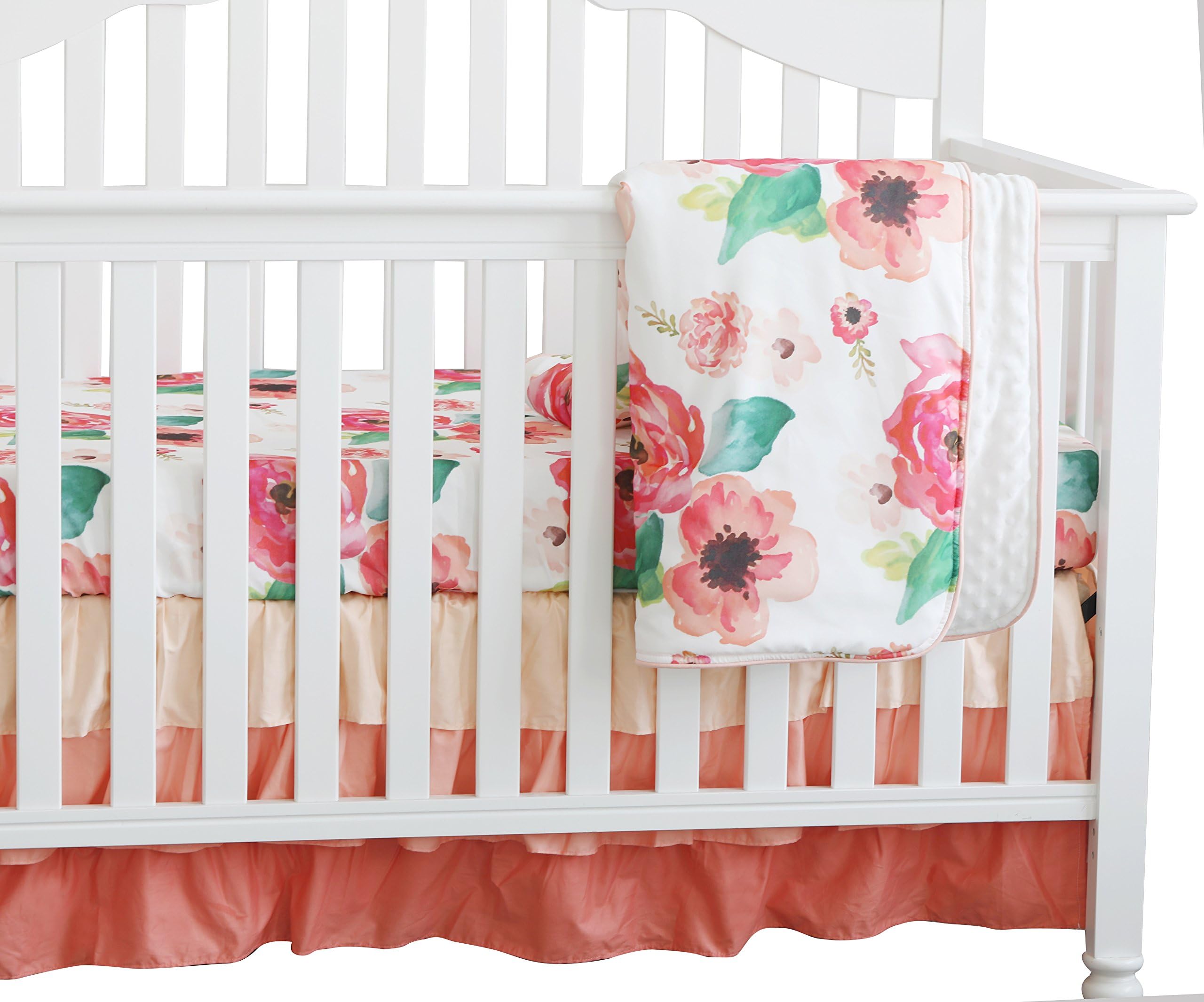 3 pcs Set Boho Floral Ruffle Baby Minky Blanket, Peach Floral Nursery Crib Skirt Set Baby Girl Crib Bedding (Coral)