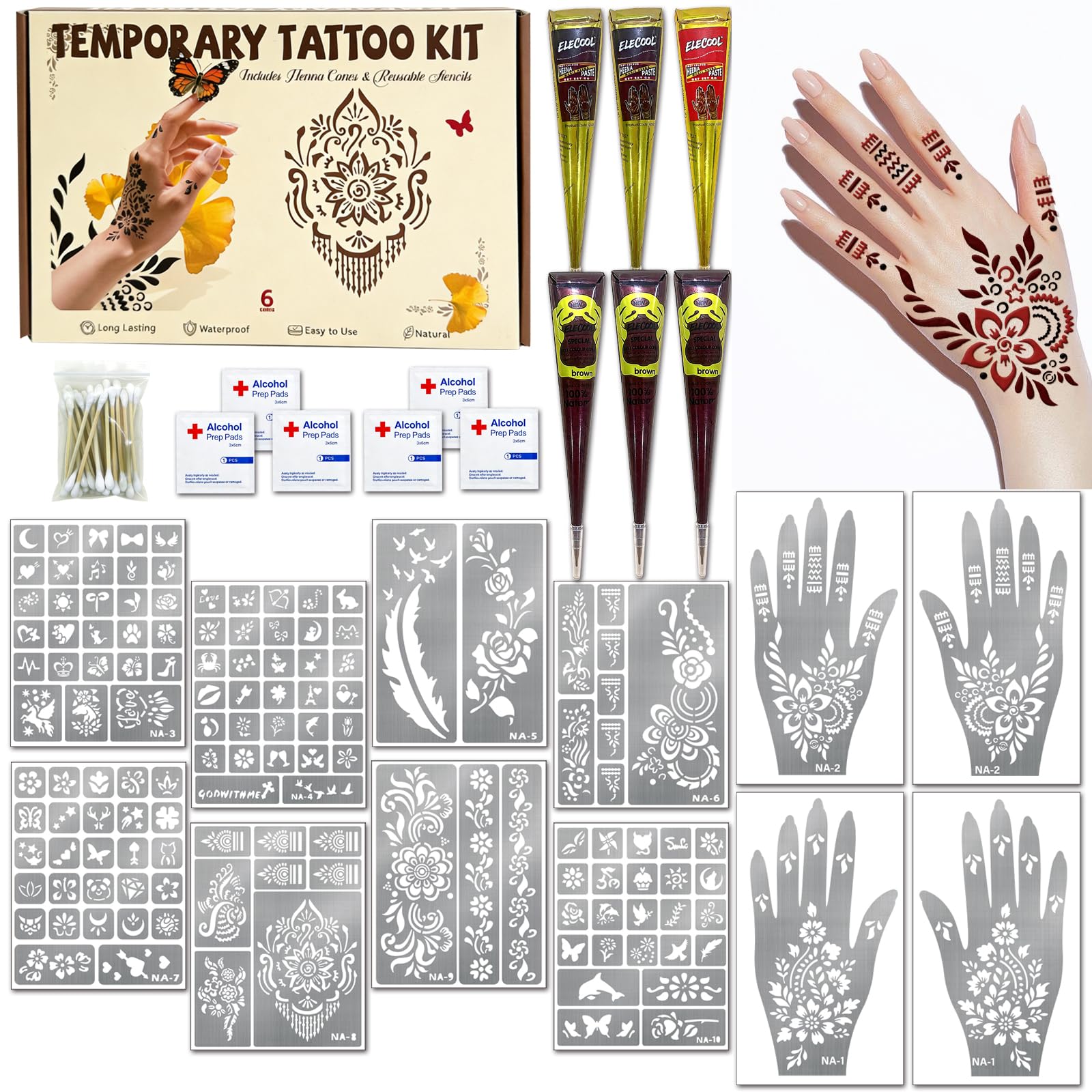 Photo 1 of 136 PCS Henna Tattoos Stencils Kit, Temporary Tattoos Kit - 6 Pcs Tattoo Cones 3 Color(Brown Black Red) Ink, Tattoo Stencil for Face Body Art Painting for Women Men Adults Festivals DIY Wedding Party